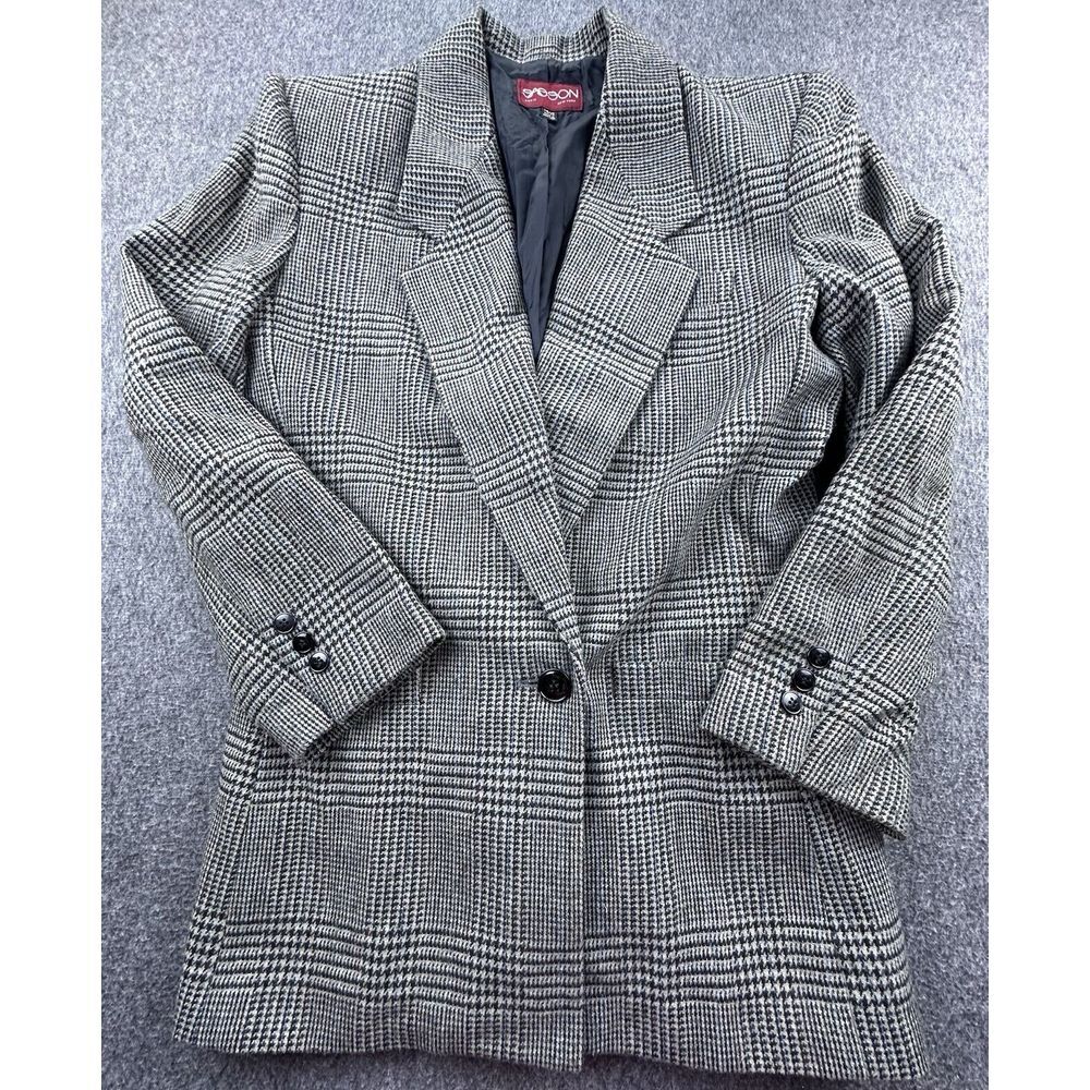 Vintage Sasson Blazer Womens 14/15 Black Tan Houndstooth Plaid Tweed Suit Jacket